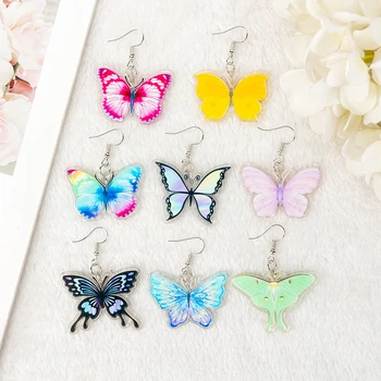 1 пара милых женских сережек-бабочек, акриловые градиентные разноцветные серьги-капли в виде мотылька для девочки, подарок на день рождения