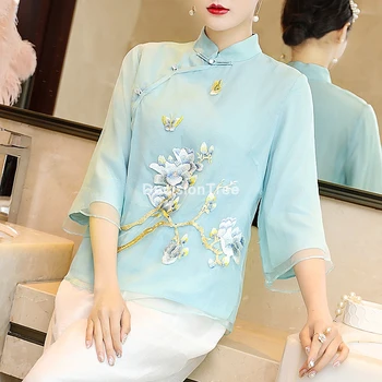 2022 традиционная женская шелковая китайская блузка с цветочной вышивкой, топ ципао, китайский стиль, воротник-стойка, средний рукав, танская блузка