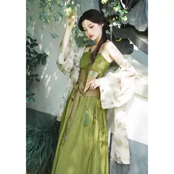 2023 китайское стильное новое восточное женское зеленое платье-слинг с цветочным рисунком в восточном стиле, улучшенный комплект из двух предметов для современной леди hanfu