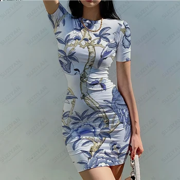 2023 Летнее Новое Модное Сексуальное Женское платье с коротким рукавом и круглым вырезом, Пляжное платье с цветочным 3D принтом, Гавайское Повседневное облегающее платье