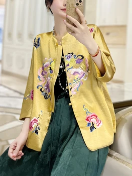 2023 Новые поступления, бутик, атласные блузки в китайском стиле с вышивкой, женские куртки