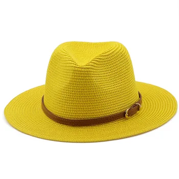 21 Цвет, Однотонная Соломенная шляпа с коричневым поясом, защита от солнца с широкими полями, Пляжная шляпа Унисекс, Женская Летняя Уличная Джазовая панама