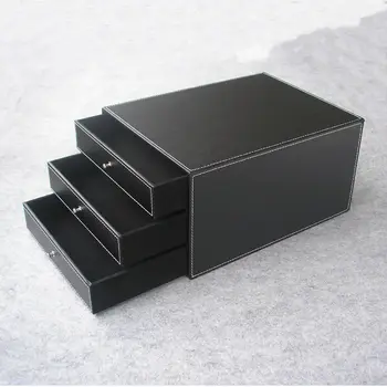 3-слойный 3-выдвижной деревянный кожаный письменный картотечный шкаф коробка для хранения офисный органайзер контейнер для документов черный PWJG004
