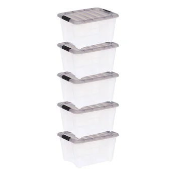 32-литровый прозрачный пластиковый ящик для хранения Stack & Pull ™ с пряжками, серый, набор из 5 ящиков для хранения, Корзина для хранения