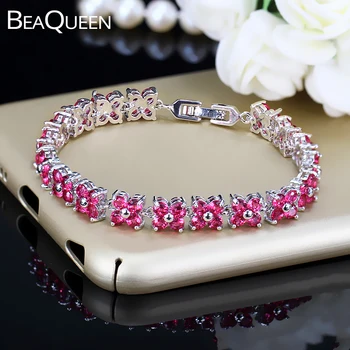 BeaQueen, Милые Женщины, Четырехкруглая роза, красный камень CZ, оправа, хрустальный Цветок, Модный теннисный браслет для рождественского подарка B068