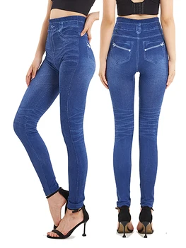 CUHAKCI Эластичные поддельные джинсы с принтом на молнии, женские брюки, Повседневные Леггинсы с высокой талией, мягкий деним, большие размеры, Дропшиппинг