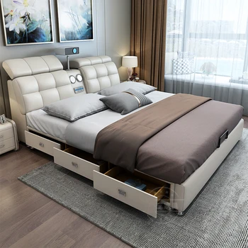Linlamlim Ultimate Tech Smart Bed - Многофункциональный каркас кровати из натуральной кожи и Bluetooth-динамика, выдвижные ящики, проектор, USB