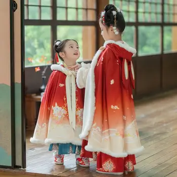 Pmwrun/детский плащ Hanfu, осенне-зимний утолщенный кашемировый костюм в китайском стиле, старинная красная ветрозащитная новогодняя одежда
