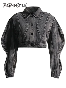 TWOTWINSTYLE, Джинсовые куртки на пуговицах в стиле пэчворк, женские Повседневные Свободные куртки с длинным рукавом и лацканами, Женская модная осенняя одежда 2023