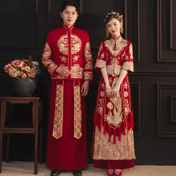 Xiuhe Ретро Китайское Свадебное платье с Вышивкой Традиционное Ципао Винтажное Красное Вечернее Женское Мужское Ципао В Восточном Стиле Плюс Размер