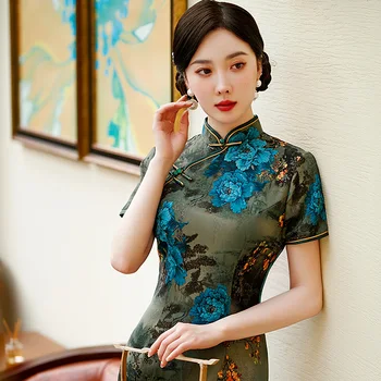 Yourqipao 2023 Летнее Зеленое Улучшенное Ципао с Цветком Пиона в стиле Ретро, Элегантное Модное Ципао в Китайском Стиле, Вечернее Платье для Женщин