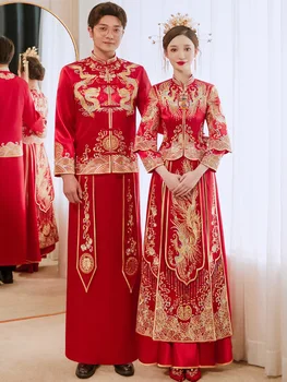 Yourqipao Xiuhe Clothing Женское Новое Китайское Свадебное платье Одежда для Свадебных Тостов Традиционный Дракон и Феникс Hanfu Cheongsams