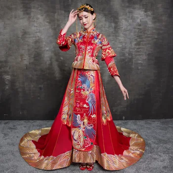 Yourqipao Китайское Традиционное Свадебное Платье С Вышивкой 2023 Женское Длинное Cheongsam Xiuhe Bride Винтажное китайская одежда