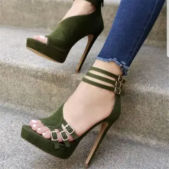 брендовый дизайн, большие размеры 35-47, пикантные женские туфли с пряжками на ремне, женская летняя обувь из флока на платформе для вечеринок, обувь на очень высоком каблуке, Женские босоножки