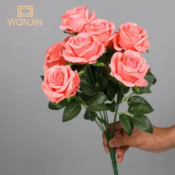 Букет из роз, Искусственные Розово-красные цветы, Свадебное украшение, 9 головок, Шелковые цветы, Букет из искусственных роз Флорес, Домашний декор