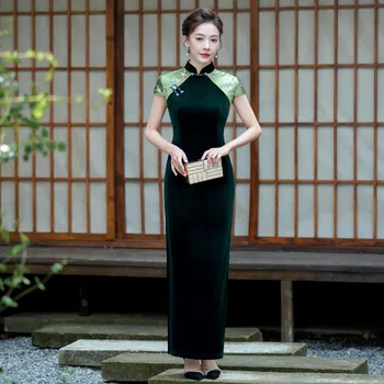 Весеннее Ретро-китайское женское платье Qipao в стиле Пэчворк с коротким рукавом и воротником-стойкой из золотистого Бархата Cheongsam