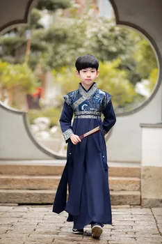 Весенний синий костюм Hanfu с принтом, Новый осенний детский костюм Тан для мальчиков, костюм Hanfu в китайском стиле