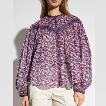 Весна 2023, Новая женская рубашка с длинным рукавом-фонариком, винтажный хлопковый свободный топ с круглым вырезом и праздничным принтом
