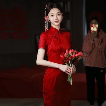 Винтажное женское платье с воротником-стойкой Qipao Red Cheongsam В Китайском Стиле, Сексуальное Платье с Разрезом По Высоте, Vestidos