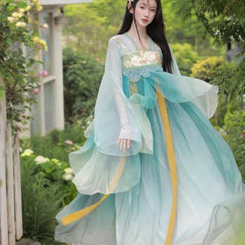 Винтажное платье Милой Феи Ханфу в китайском стиле, Женские элегантные костюмы принцессы с цветочной вышивкой, Комплекты одежды для косплея, сценических танцев