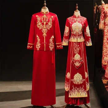 Винтажный Восточный цветок, вышивка Стразами, свадебный костюм, китайский традиционный свадебный Чонсам, платье Ципао для жениха и невесты