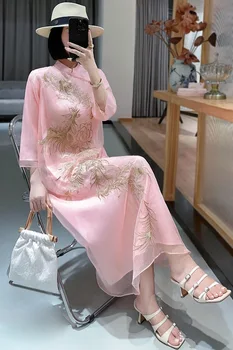 Высококачественное Весенне-Летнее Платье Ципао в Китайском стиле, Женское Элегантное Платье с Вышивкой Пиона, Свободное Длинное Платье-Чонсам, Женское Платье S-XXL
