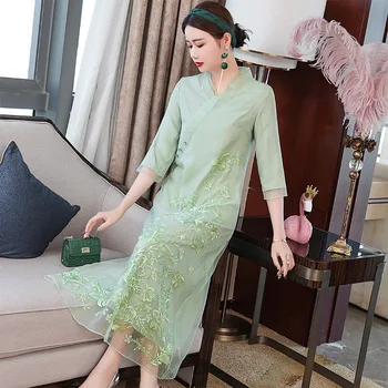 Высококачественное Летнее женское платье в стиле ретро с элегантной Вышивкой, V-образным вырезом, Трапециевидное Женское Вечернее платье Hanfu S-XXL