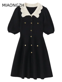 Высококачественное Трикотажное Женское платье, Черное, Приталенное, Модное, С Пышными рукавами, воротник 