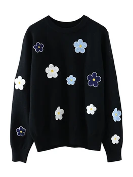 Высококачественный женский элегантный вязаный пуловер с цветочным рисунком и круглым вырезом