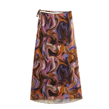 Европейская и американская женская одежда, Шелковая сетчатая кружевная юбка с принтом, Длинная юбка