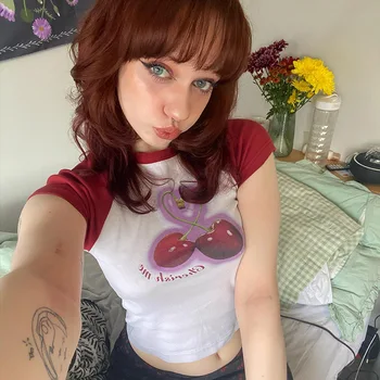 Женская американская уличная одежда вишневого цвета с коротким рукавом, облегающая футболка Spice Girl, крутой цвет, топ Love Everything