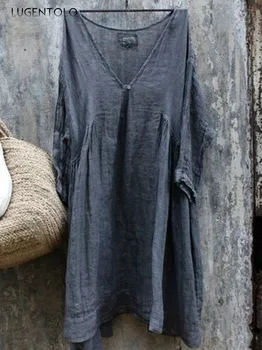 Женская винтажная рубашка Lugentolo с V-образным вырезом, Свободный льняной Повседневный Удобный Топ, Женский летний простой тонкий пуловер, Длинные блузки