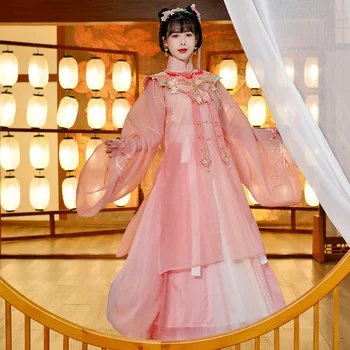 Женская традиционная древнекитайская одежда Hanfu с вышитым воротником-стойкой, Розовое платье с бабочкой Династии Мин, костюм для Косплея