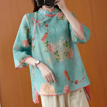 Женская традиционная китайская одежда 2023 Года, Топ Hanfu с цветочным принтом в стиле ретро, Женские топы, Элегантный Костюм в Восточном стиле, Китайская Блузка