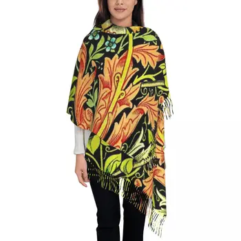 Женские большие шарфы William Morris в винтажном стиле с цветочным рисунком, Женская зимняя осень, Мягкая теплая шаль с кисточками, Обертывания, Шарф с текстильным рисунком