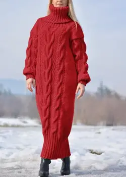 Женские платья-свитера с высоким воротом и длинным рукавом, Вязаное однотонное Свободное зимнее платье с высоким воротом