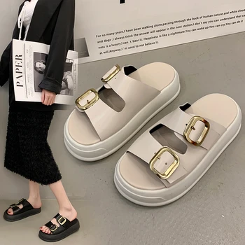 Женские Тапочки, женские Вьетнамки, обувь 2023 года, новые летние повседневные шлепанцы на плоской подошве с квадратным носком, женская резиновая обувь на платформе
