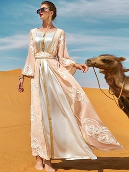 Женский комплект из 3 предметов с вышивкой Розами, платье-жилет, Длинный кардиган, Абайя, Кафтан с лентой, мусульманские арабские халаты из Дубая