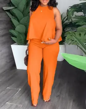Женский оранжевый костюм 2023, летний модный Повседневный жилет без рукавов с круглым вырезом, Прямые брюки, Комплект из двух предметов