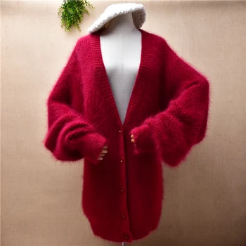 женский осенне-зимний толстый теплый красный кашемировый вязаный свитер из волосистой норки с длинными рукавами и глубоким v-образным вырезом, свободный длинный свитер, кардиган, пальто