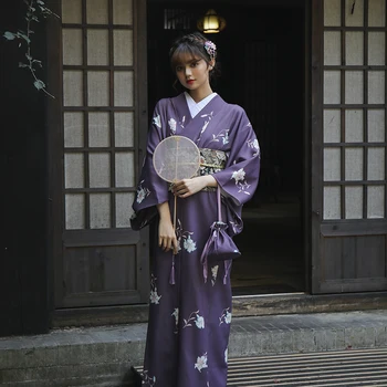 Женское Японское традиционное Кимоно Красивого фиолетового цвета, классическая одежда для косплея Юката, платье для фотосъемки, халат
