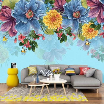 Изготовленная на заказ 3D ретро Ручная роспись с цветочным рисунком, Фоновые фотообои для гостиной, спальни, Синие цветы, Водонепроницаемая картина на холсте
