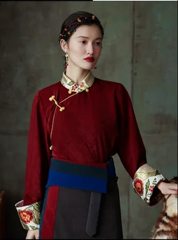 Китайская Осенняя Винтажная Винно-красная Женская рубашка со стоячим воротником, Тибетская одежда