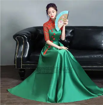 Китайские восточные Платья Зеленое Кружевное платье Чонсам Винтажное женское Длинное Сценическое Улучшение Chipao