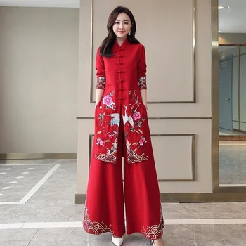 Китайский Винтажный халат Женский Hanfu Midi, Китайский традиционный костюм, Комплект Брюк, костюм Тан