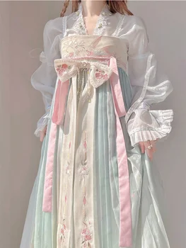 Китайское платье Hanfu, Женские Древние традиционные комплекты Hanfu с вышивкой, Карнавальный костюм Феи для Косплея, Зеленое платье для танцев Hanfu