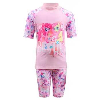 Комплекты для защиты от сыпи для маленьких девочек, розовый купальник Little Pony, купальники из двух частей с коротким рукавом, солнцезащитный костюм