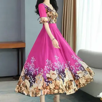 Легкое Популярное женское платье с цветочным принтом, Длинное платье из полиэстера с V-образным вырезом для выхода в свет