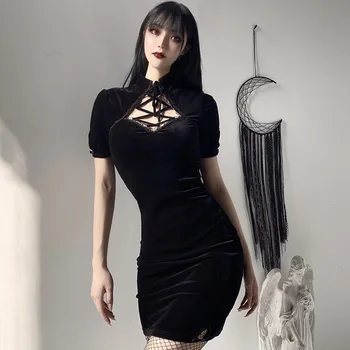 Летнее маленькое черное короткое платье-Чонсам Длиной до бедер, облегающее платье из 95% полиэстера, Открытая Улучшенная одежда
