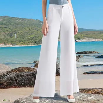 Летние женские брюки с эластичной резинкой на талии 2023, тонкие шифоновые широкие брюки с высокой талией, универсальные повседневные прямые брюки D138